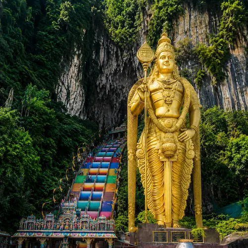 Illustrated Malaysia travel scene with tropical coast, rainforest and highland routes